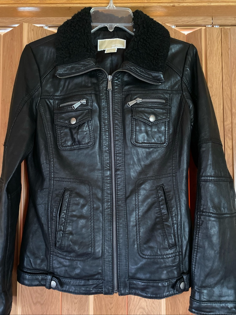 Michael Kors 100% Leather Bomber Jacket Women’s M Black Sherpa Grunge Moto Biker